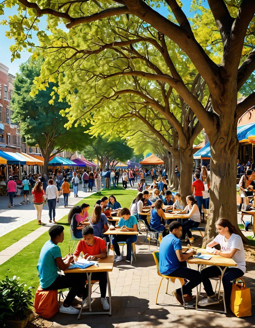 A lively campus scene showcasing diverse students engaging in various activities: group studying under a tree, a vibrant student market with colorful stalls, art displays, and students interacting in a cozy café. Capture the essence of community spirit with bright colors and an inviting atmosphere. super-realistic. vibrant colors. sunny day.