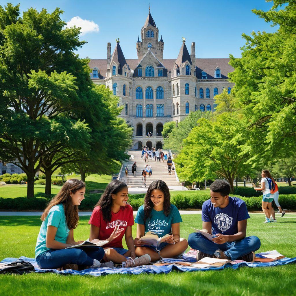 A vibrant scene of a diverse group of college students exploring the SUNY Albany campus, engaged in various activities like studying outdoors, participating in club fairs, and collaborating in study groups. The background features iconic campus landmarks with lush greenery, showcasing a sunny day that emphasizes growth and community. Elements of opportunity, such as open books, laptops, and motivational posters, subtly integrated into the environment. super-realistic. vibrant colors. dynamic composition.