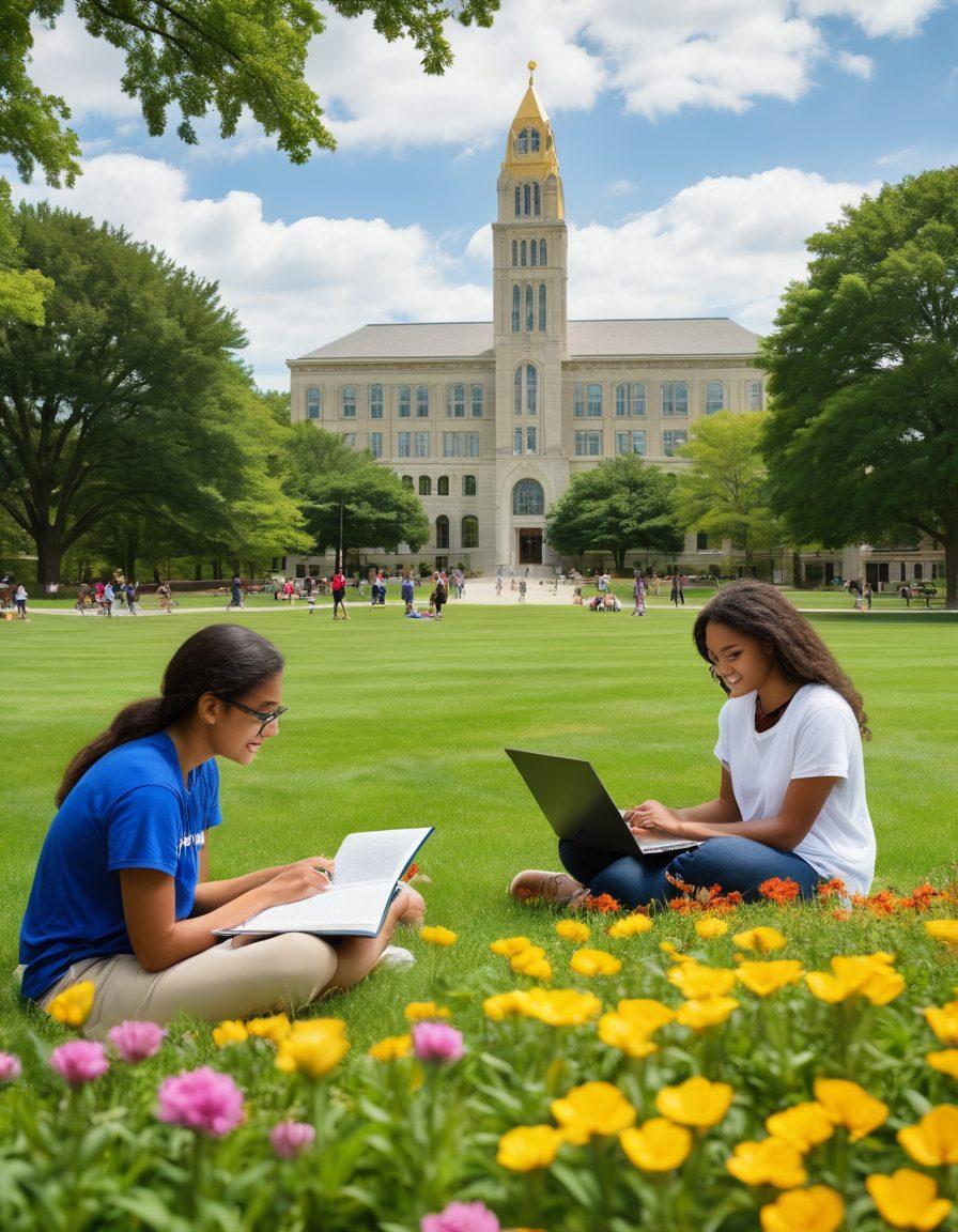 A vibrant campus scene showcasing diverse students engaged in various activities like studying, collaborating, and relaxing on the UAlbany grounds. Incorporate iconic campus buildings in the background, lush greenery, and vibrant flowers. Showcase students of different ethnicities to represent inclusivity and academic excellence. Capture the essence of opportunities through symbols like books and laptops. super-realistic. vibrant colors. lively atmosphere.